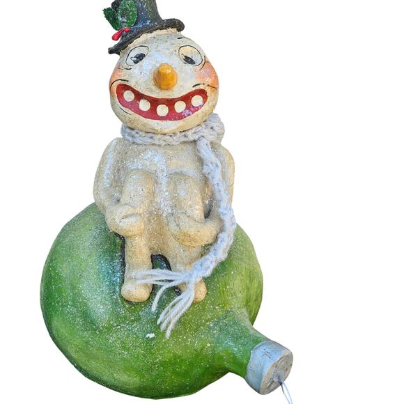 Vintage - Style Snow Man Folk Art Sitting On A Christmas Tree Bulb - Picture 1 of 10